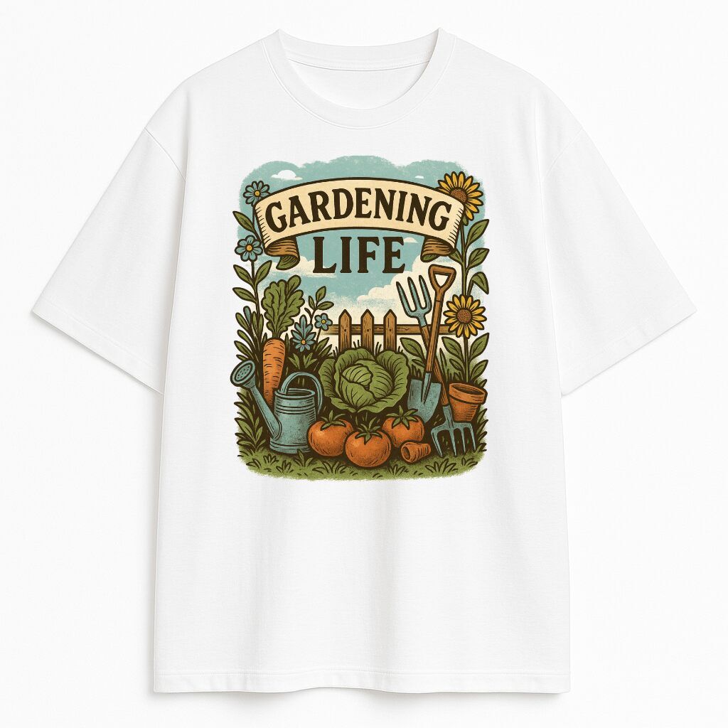 koszulka-biala-przod-gradening-life Koszulka Gardening Life z grafiką warzyw, narzędzi i ogrodu