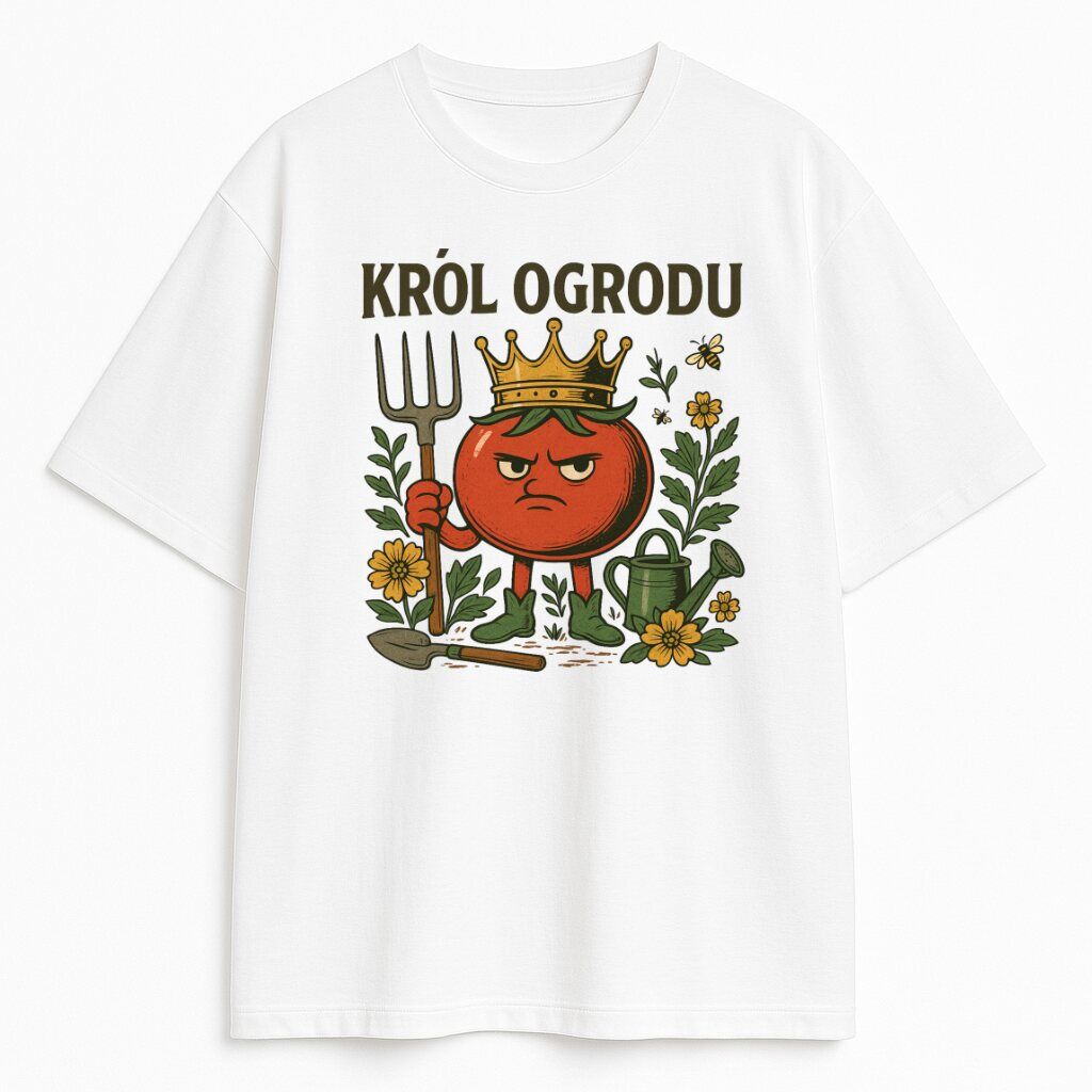 Koszulka Król Ogrodu z zabawnym nadrukiem pomidora i motywem roślinnym