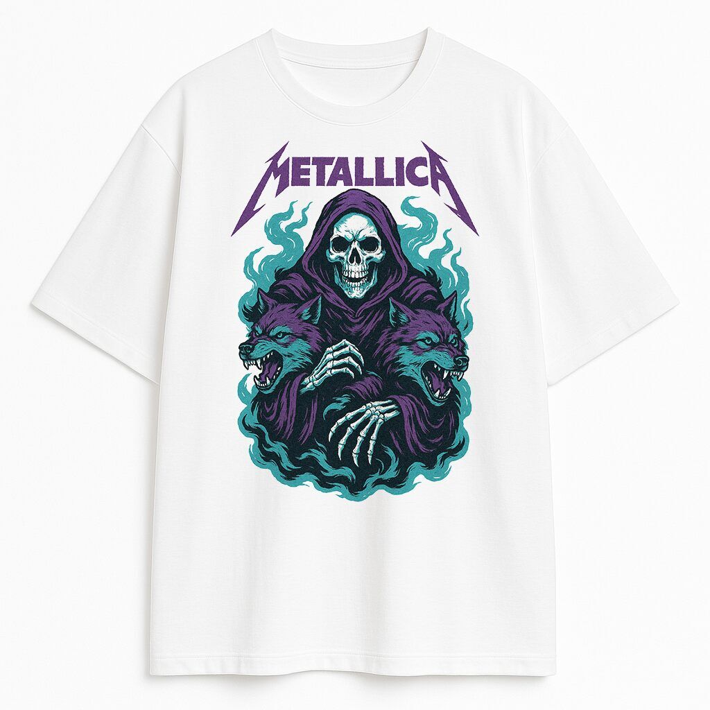 T-shirt Metallica Hunter z grafiką czaszki i dwóch wilków