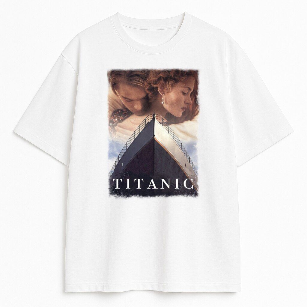 Biała koszulka z plakatem filmowym Titanic i bohaterami Jack i Rose