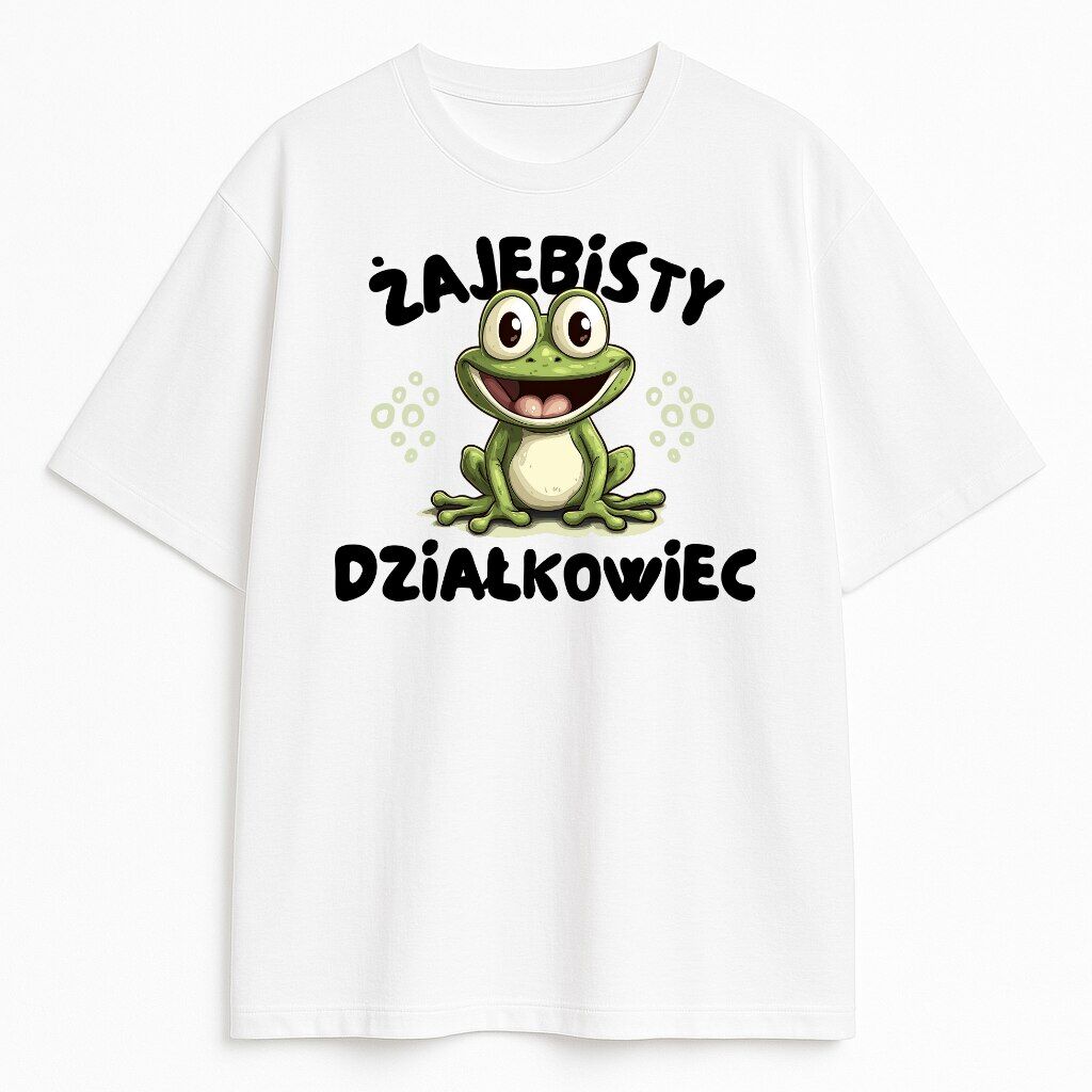 Koszulka Żajebisty Działkowiec z uśmiechniętą żabą i napisem w stylu komiksowym