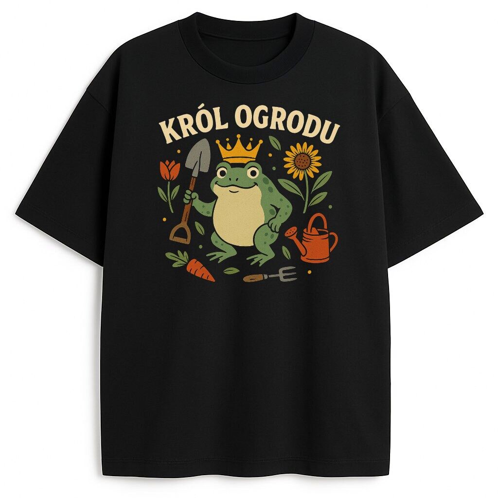 koszulka-czarna-przod-krol-ogrodu-zaba T-shirt Król Ogrodu Żaba z grafiką żaby w koronie i ogrodniczymi elementami