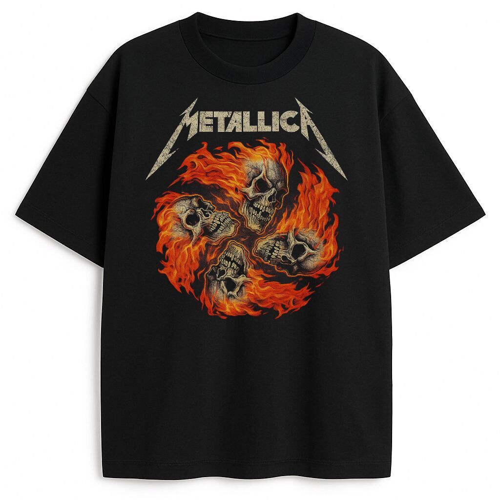 Czarny T-shirt Metallica Death by Fire z ognistym motywem czaszek