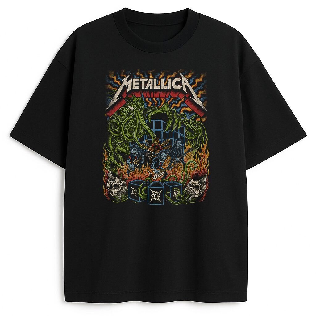 Czarna koszulka Metallica Lords of the Abyss z grafiką potwora i płomieni