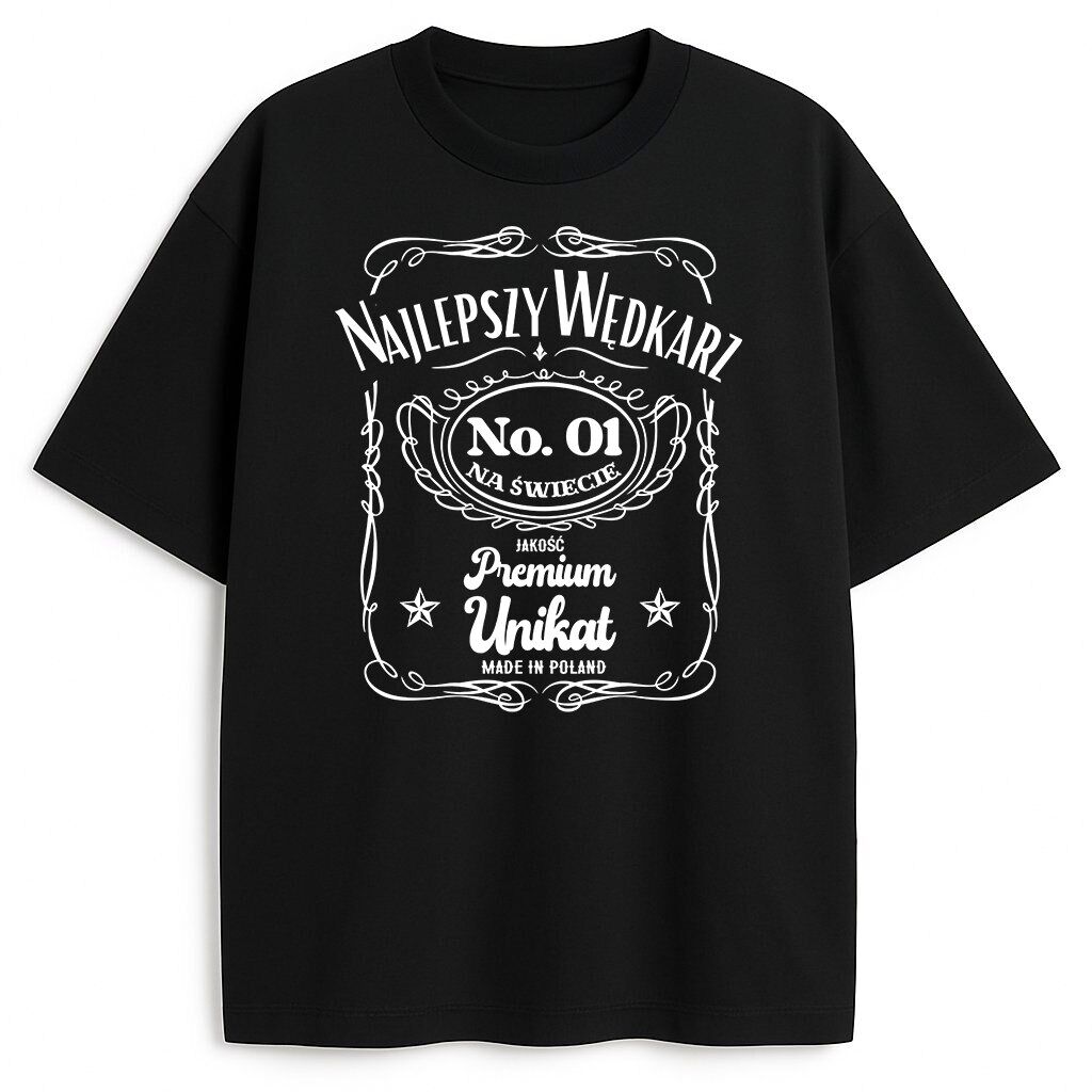 Czarna koszulka z napisem „Najlepszy Wędkarz Premium – No. 01 na świecie” w stylu retro