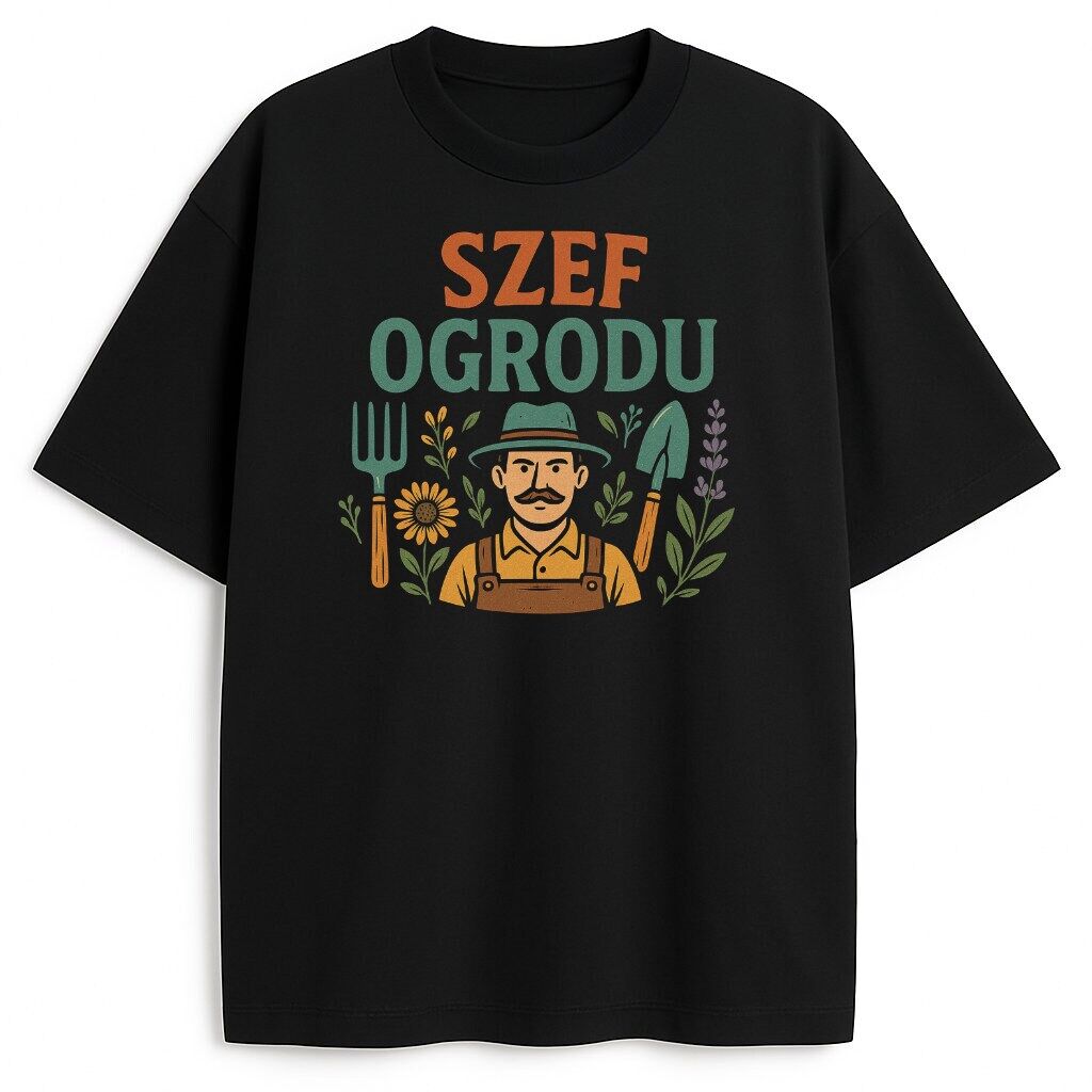 koszulka-czarna-przod-szef-ogrodu T-shirt Szef Ogrodu z ilustracją ogrodnika w kapeluszu i rysunkowym otoczeniu kwiatów