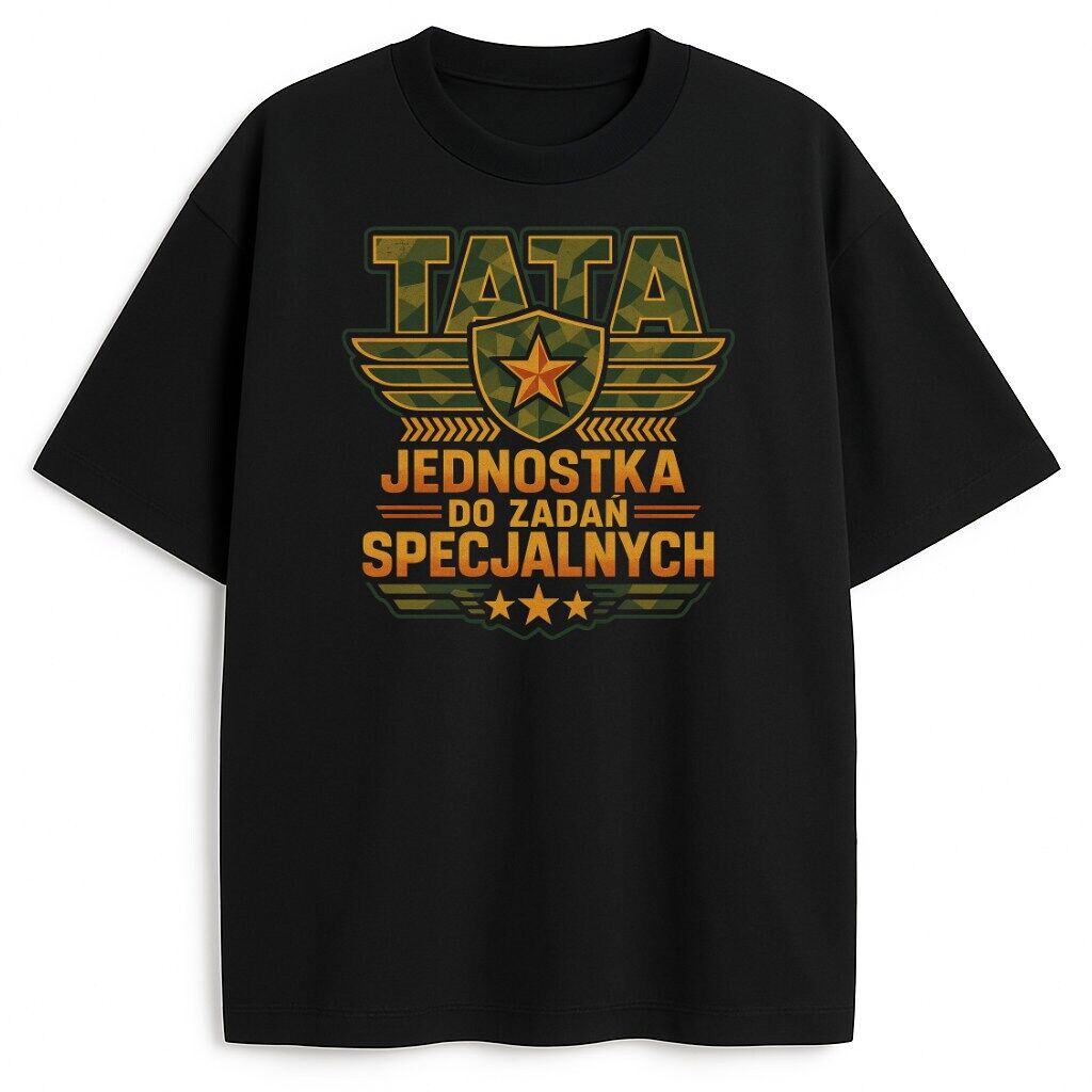 Czarna koszulka z napisem Tata Jednostka do Zadań Specjalnych w stylu moro