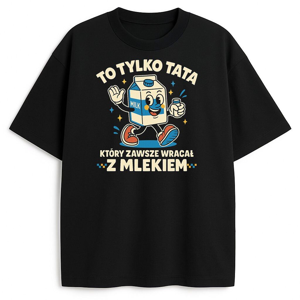 Czarna koszulka z nadrukiem kartonu mleka i napisem o tacie