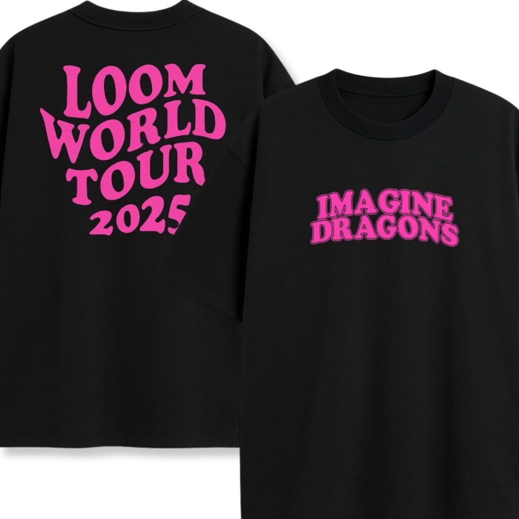 T-shirt Imagine Dragons Loom Pink – przód i tył Dwustronna koszulka Imagine Dragons Loom Pink z różowymi napisami z przodu i z tyłu