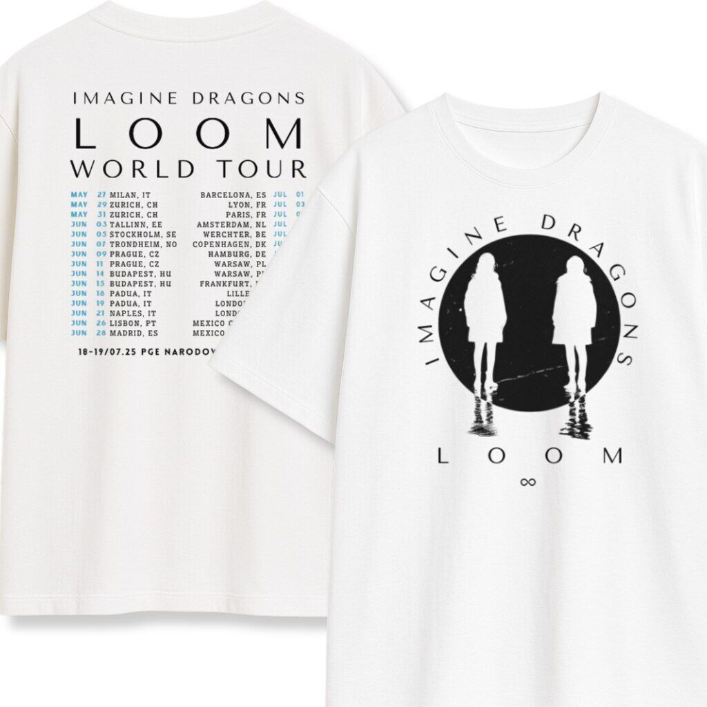 Biała, dwustronna koszulka z grafiką Imagine Dragons Loom i listą miast z tyłu