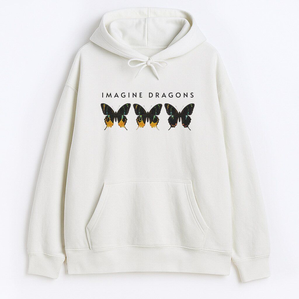 Biała bluza Imagine Dragons – pełny przód z kapturem i kieszenią kangurką dla fanów rocka Bluza Imagine Dragons biała unisex – hoodie z logo Imagine Dragons i trzema kolorowymi motylami na piersi