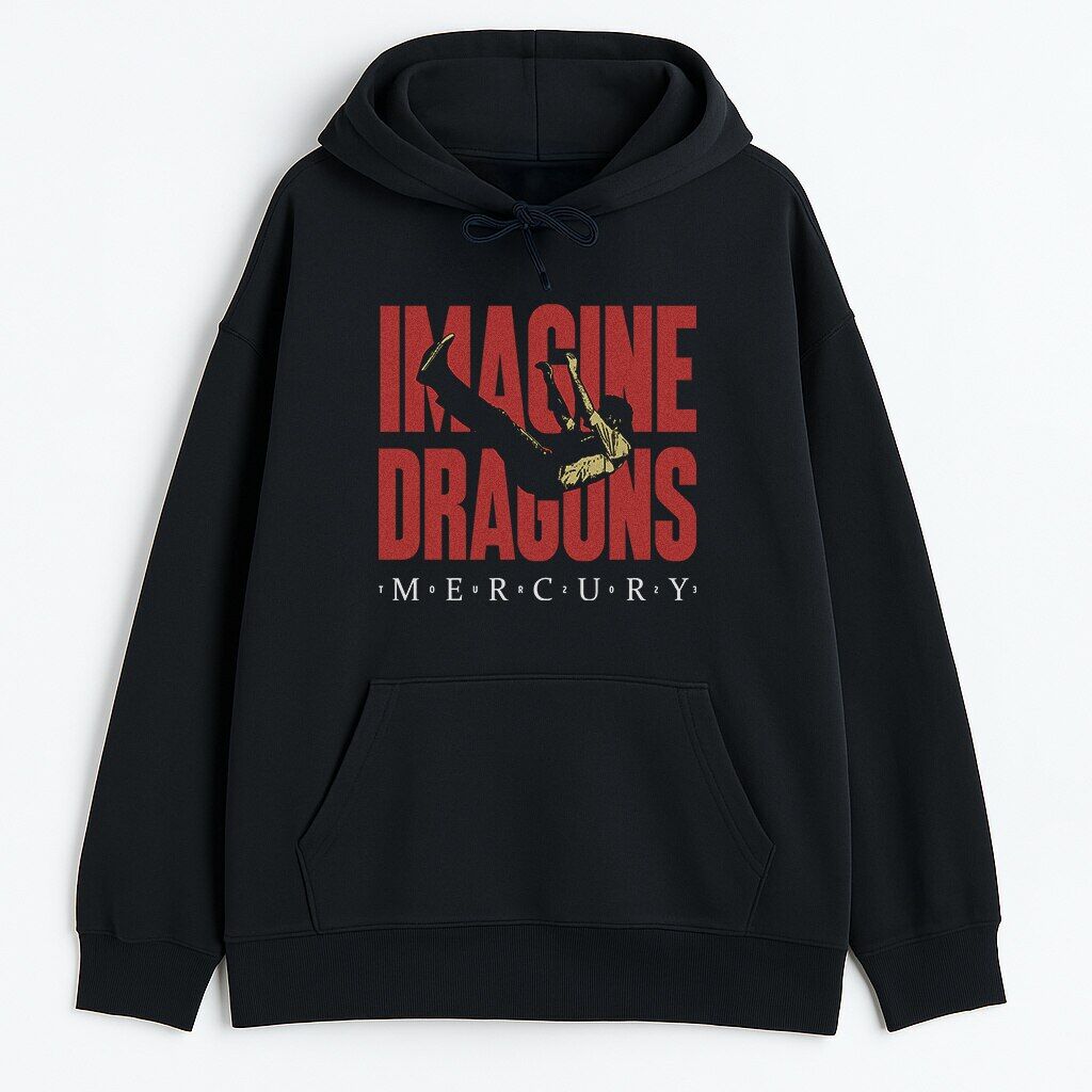 Bluza Imagine Dragons Mercury czarna – unisex hoodie z czerwonym nadrukiem logo i postacią w locie z albumu Mercury