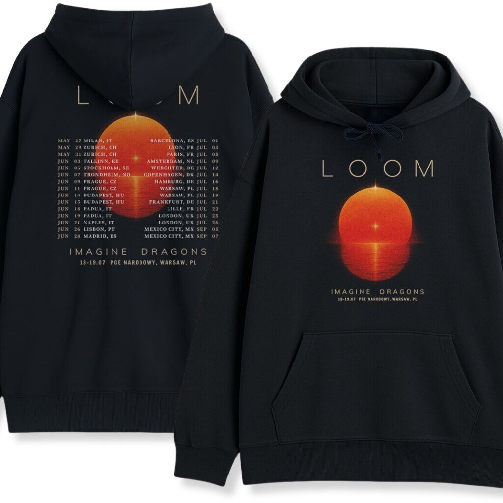 Czarna bluza Imagine Dragons Loom Tour 2025 – widok tyłu z datami i przodu z logo albumu Bluza Imagine Dragons Loom Tour 2025 czarna – unisex hoodie z listą dat tour na plecach i słońcem LOOM na przodzie
