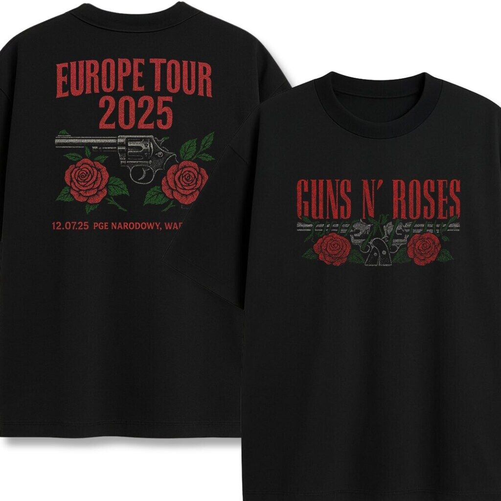 Koszulka Guns N' Roses Pistolety – przód i tył widok techniczny Dwustronny T-shirt Guns N' Roses z grafiką z przodu i tyłu