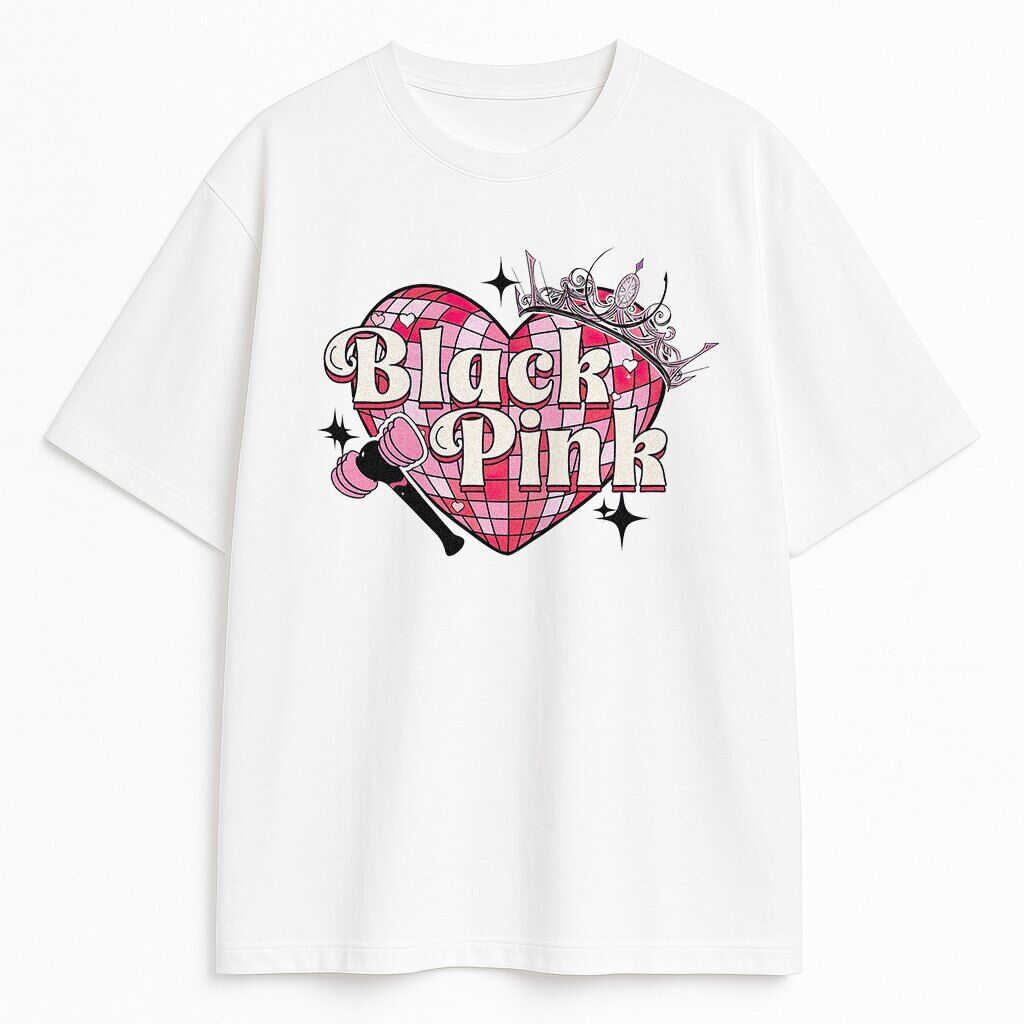Biały T-shirt Blackpink Heart z grafiką serca w disco stylu, koroną i różowym lightstickiem młotkiem – wygodny merch dla fanów K-pop.