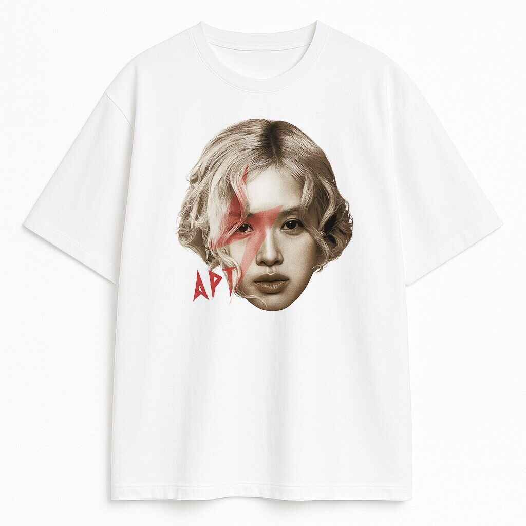 Biały T-shirt Blackpink Rose APT z wizerunkiem Rosé, czerwoną błyskawicą i tekstem APT – lekki merch dla pasjonatów Blackpink.