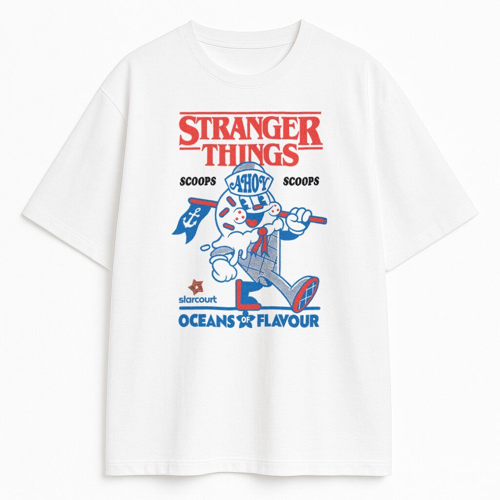 Koszulka Stranger Things Scoops Ahoy – biała wersja, styl vintage T-shirt Stranger Things Scoops Ahoy biały – lodowa grafika retro