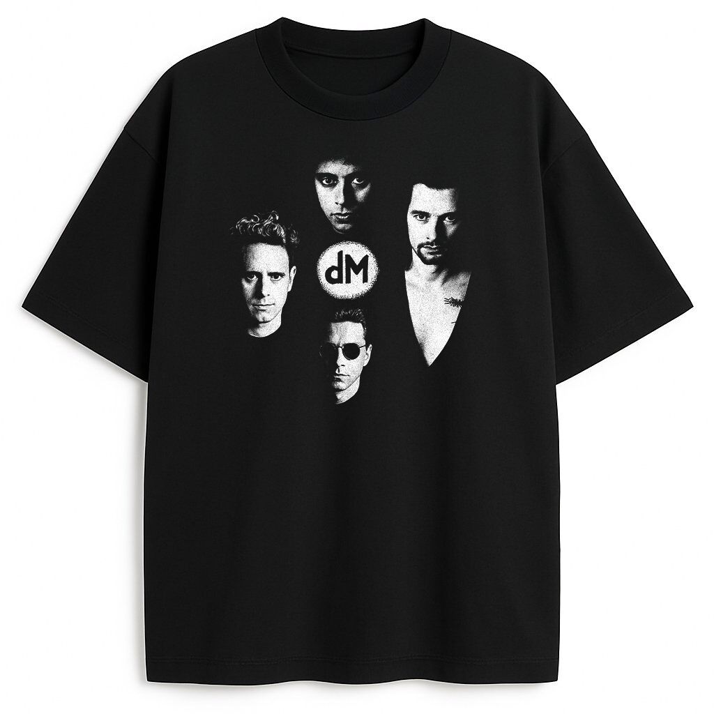 Czarny T-shirt Depeche Mode z czarno-białymi portretami członków i logo DM