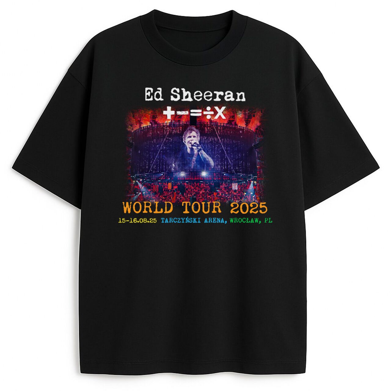 Czarny koszulka Ed Sheeran Koncert 2025 Wrocław z nadrukiem koncertowym i symbolami + - = ÷ x
