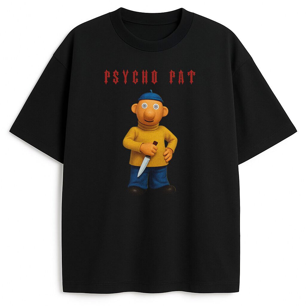 T-shirt Sąsiedzi Psycho Pat czarny unisex z nadrukiem Pat z nożem i szaleńczym okiem