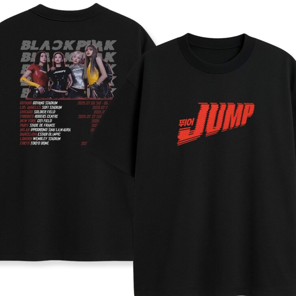 Kompozycja T-shirt Blackpink Jump World Tour przód-tył Czarny T-shirt Blackpink Jump World Tour przód i tył z merch tour K-pop