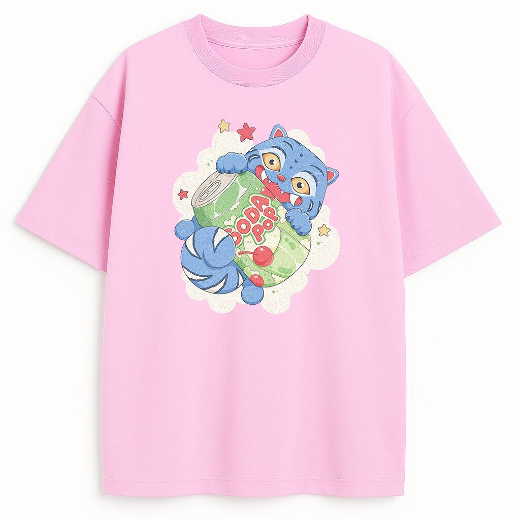 Koszulka Huntrix Derpy Soda Pop w różu. Różowy T-shirt merch Huntrix Derpy Soda Pop – słodki design z niebieskim tygrysem i derpy sodą, bawełniany dla fanów Rumi, wygodny z humorem na KPop bitwy.