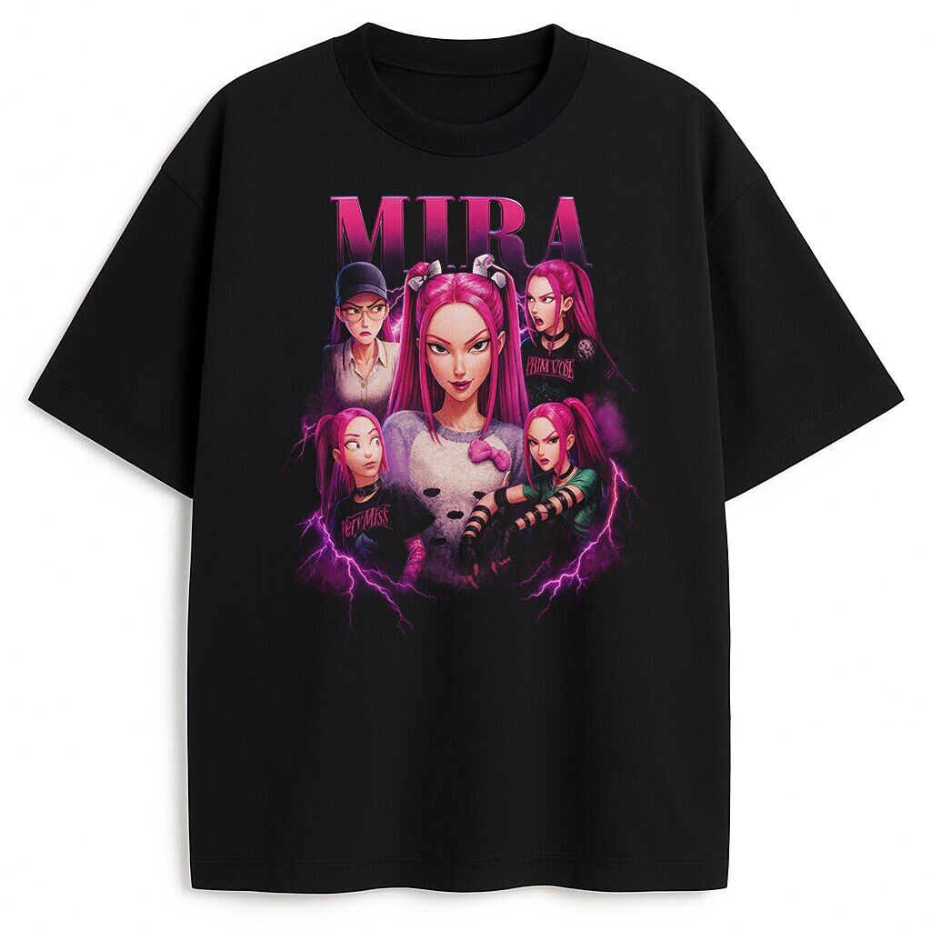 T-shirt Huntrix Bootleg Mira z fioletowo-różową grafiką postaci Mira z K-pop Demon Hunters
