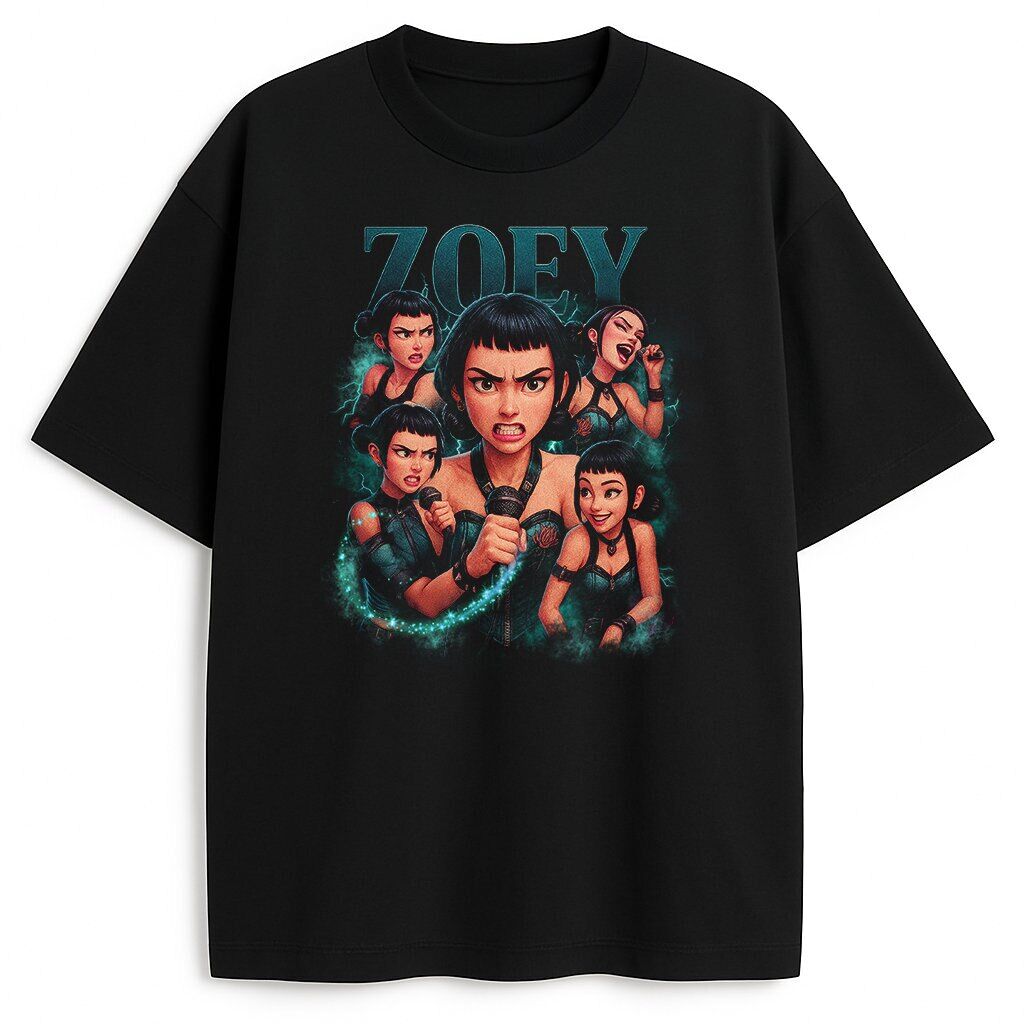 T-shirt Huntrix Bootleg Zoey z wyrazistą grafiką postaci Zoey z kreskówki K-pop Demon Hunters