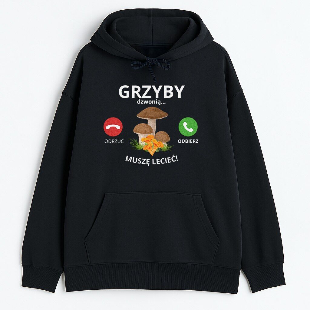 Czarny hoodie - widok przodu Czarny model - przód z nadrukiem przypominającym ekran połączenia