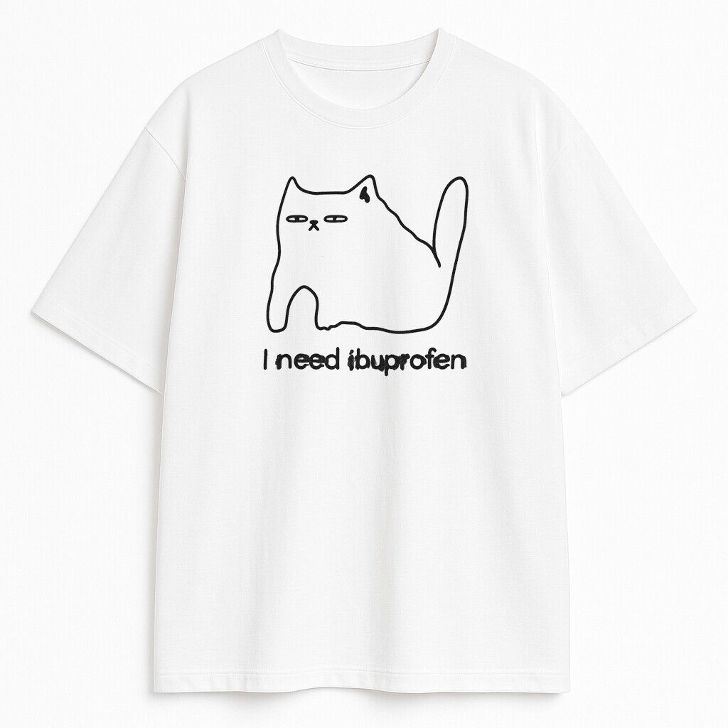 Biała koszulka z minimalistycznym kotem i napisem I need ibuprofen - memiczny t-shirt dla kociarzy z wygodnej bawełny