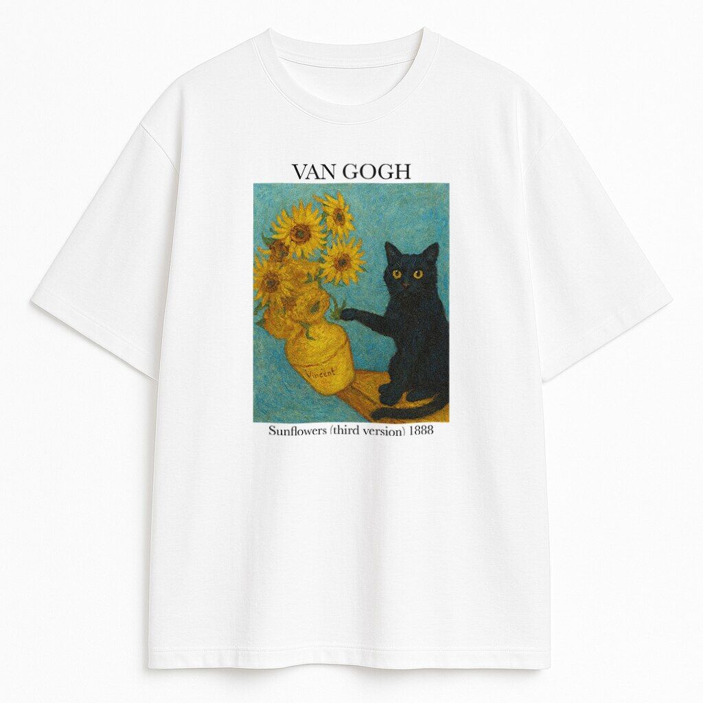 T-shirt Van Gogh Cat and Sunflowers na białej bazie z kocim żartem i wazonem słoneczników w stylu malarskim