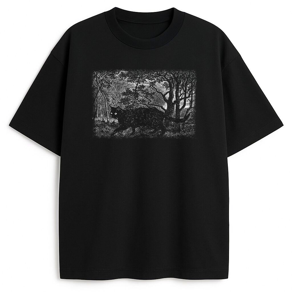 T-shirt Walking Cat z czarno-białą ilustracją kota w naturze w stylu dawnej ryciny na jednolitej bazie