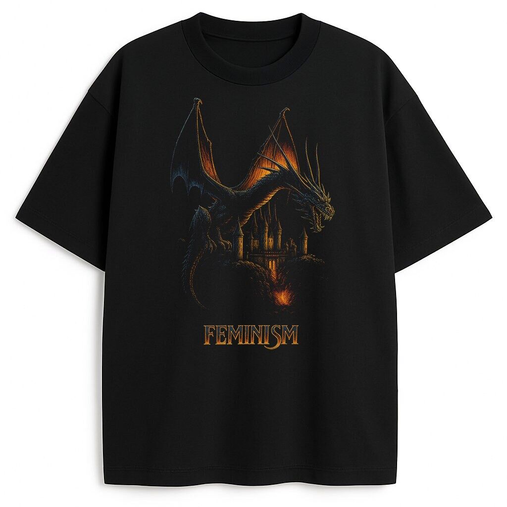 Czarna koszulka ze smokiem i napisem FEMINISM - vintage 90s graphic tee