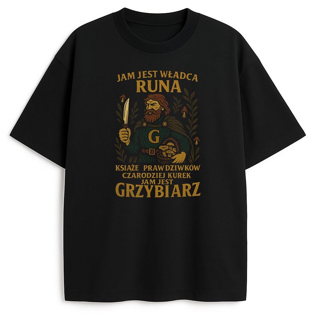 T-shirt Jam Jest Grzybiarz - przód czarny czarny t-shirt z bohaterem i nożem, styl retro, hasła o władcy runa