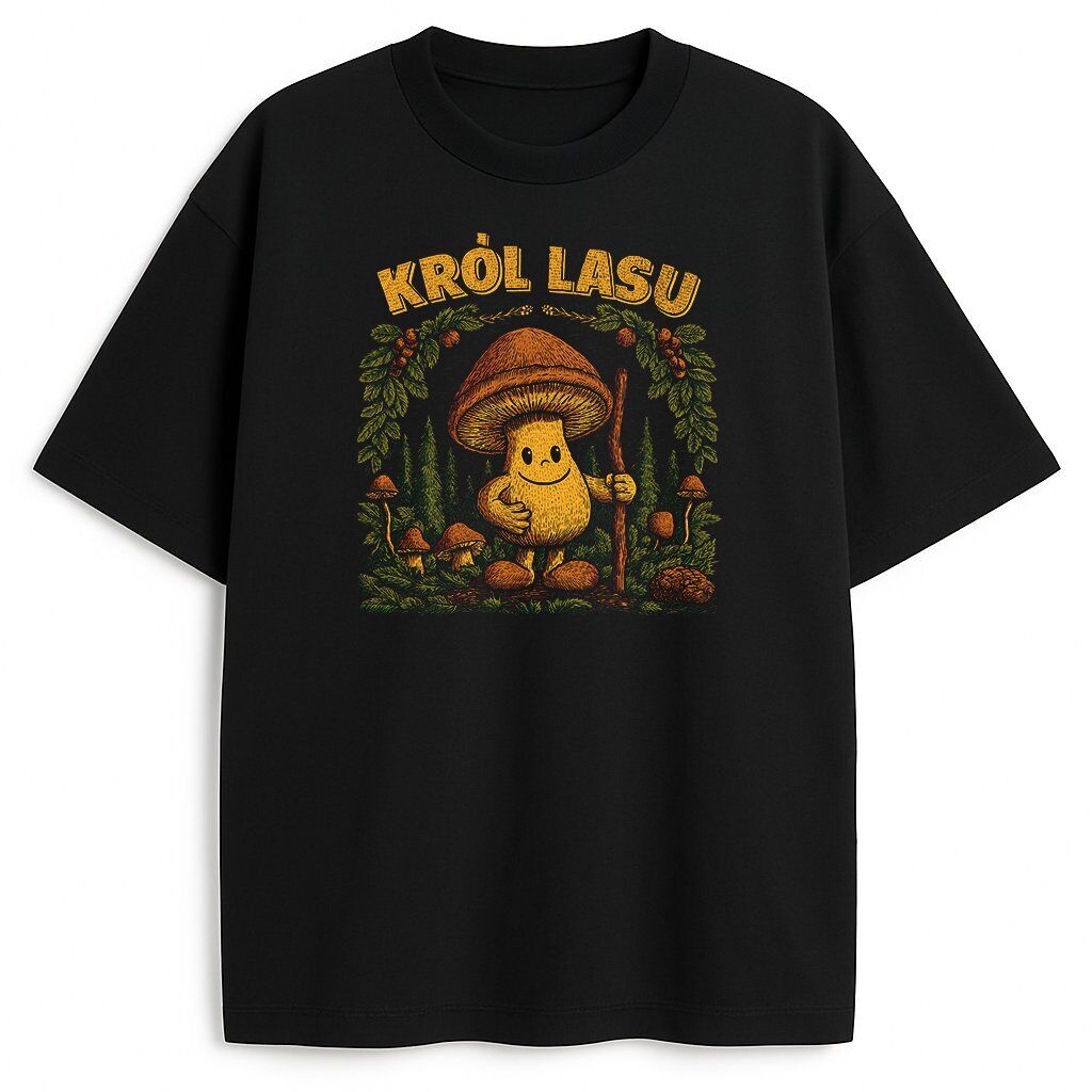 T-shirt Król Lasu - czarny z leśnym motywem czarny t-shirt z napisem Król Lasu i grzybkiem wśród drzew