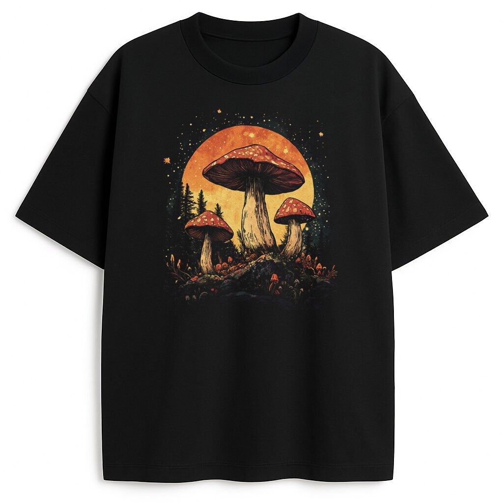 T-shirt Night Mushrooms - czarny z księżycowym motywem czarny t-shirt z nocną ilustracją na środku