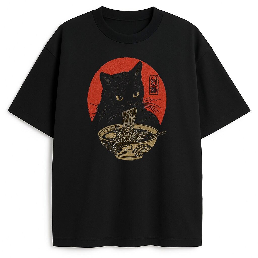 Koszulka T-shirt Neko Ramen - czarny kot siorbiący ramen T-shirt Neko Ramen czarny z kotem i ramenem retro japan