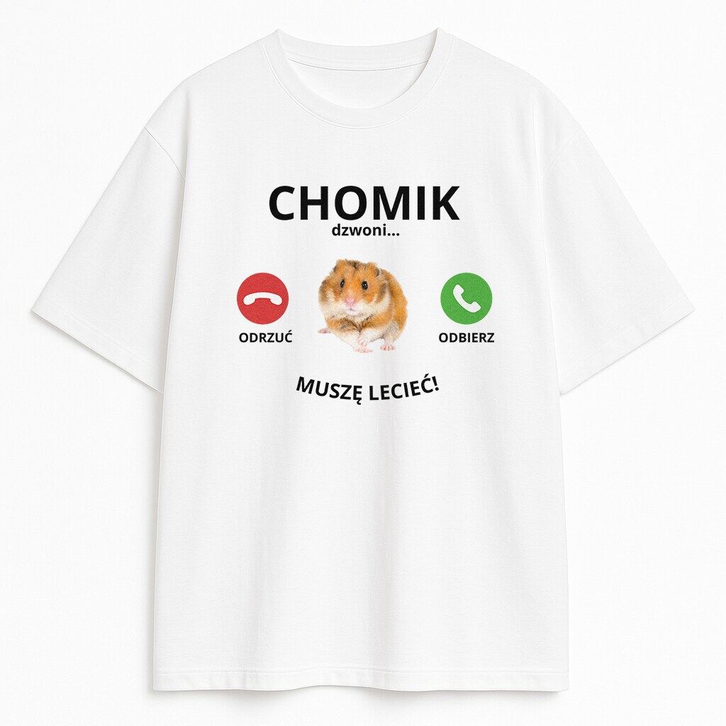 koszulka-biala-przod-chomik-dzwoni-musze-leciec t-shirt Chomik Dzwoni Muszę Lecieć - obrazek 1