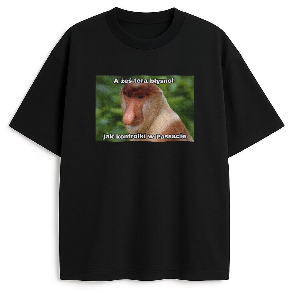 Czarna koszulka nosacz Passat przód Czarna koszulka z nadrukiem nosacza i napisem o kontrolkach w Passacie, widok z przodu