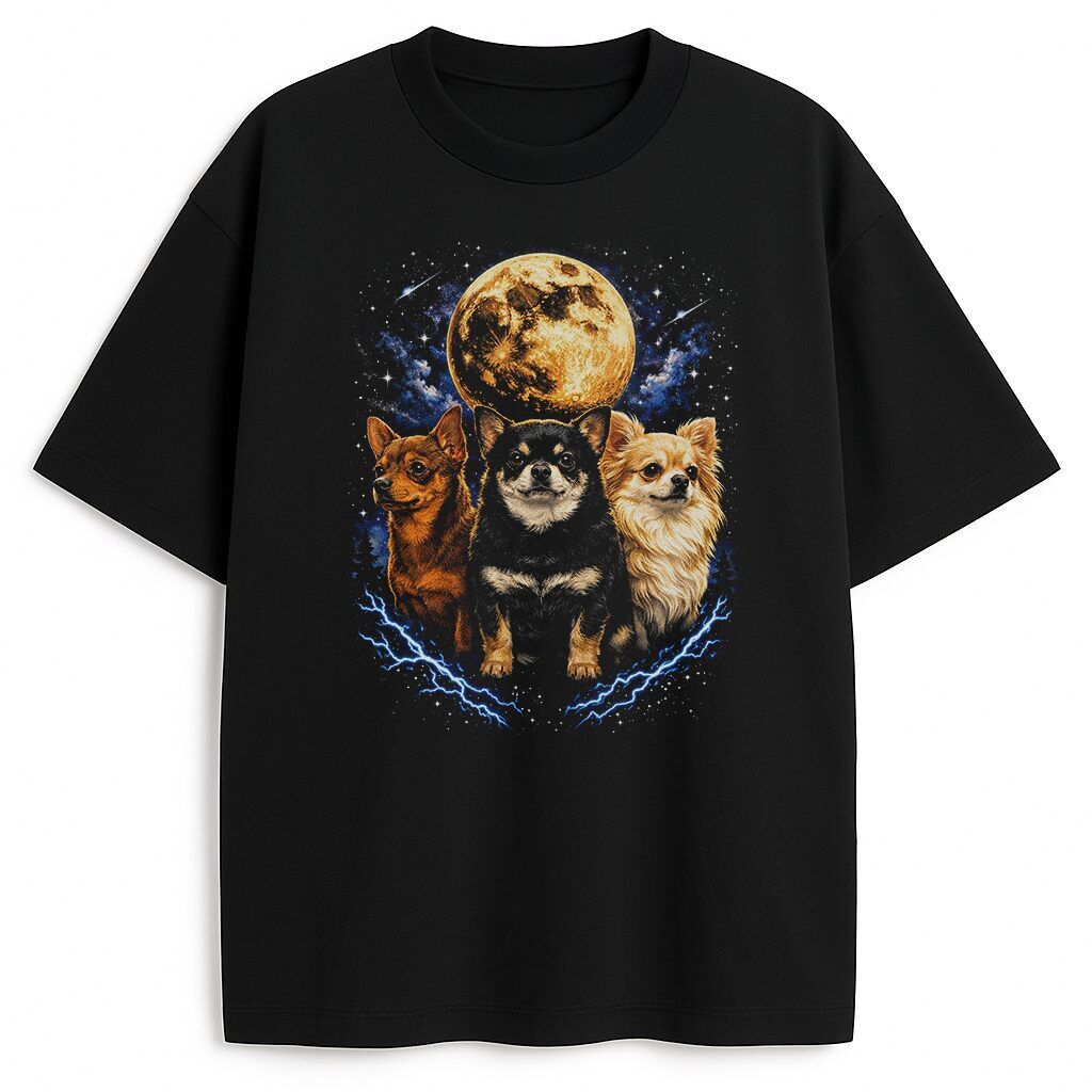 T-shirt Chihuahua Chihuahuas 90s czarny T-shirt Chihuahua z trzema psami na tle księżyca w stylu lat 90