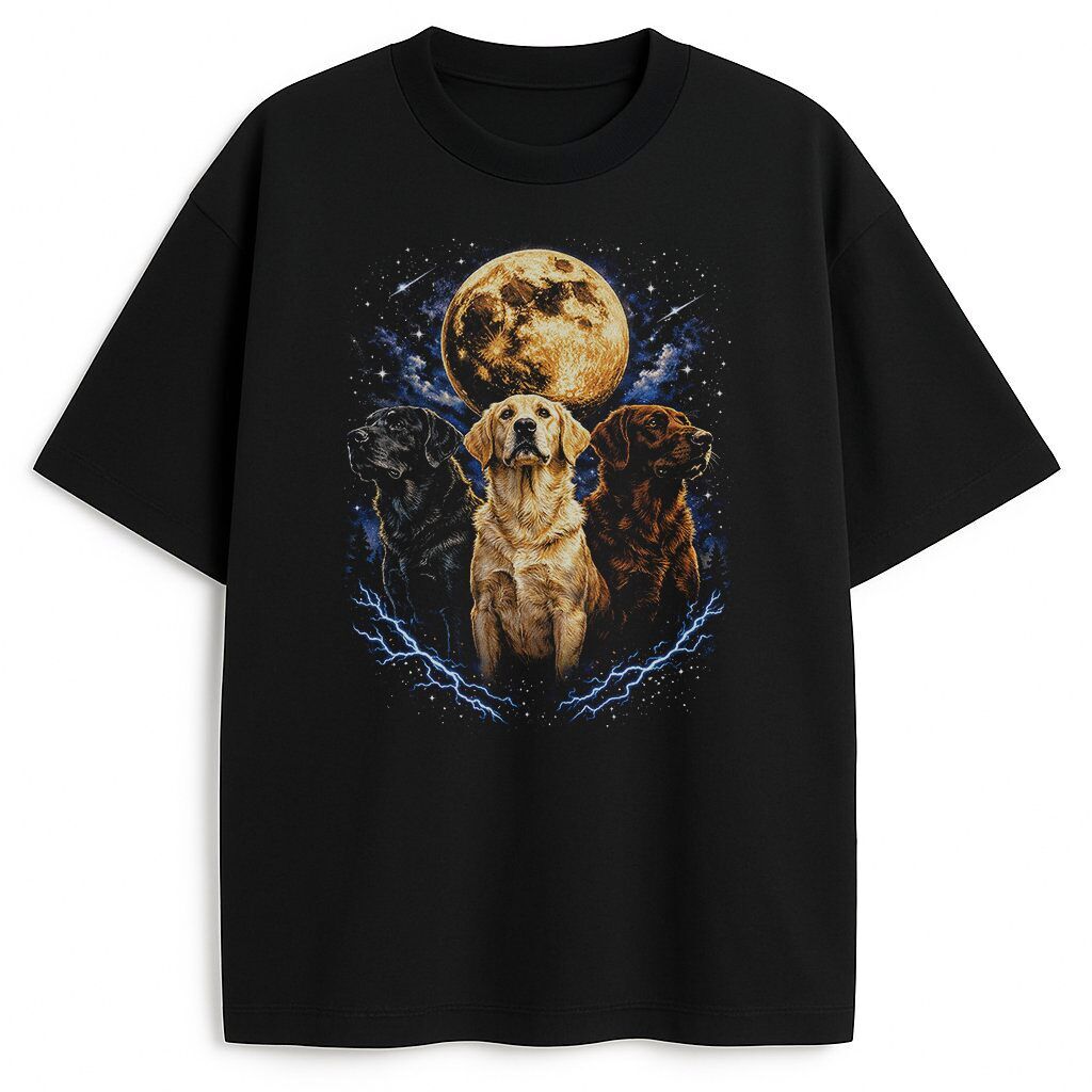 Koszulka z labradorem Labradors 90s czarna koszulka z labradorami na tle księżyca w stylu lat 90