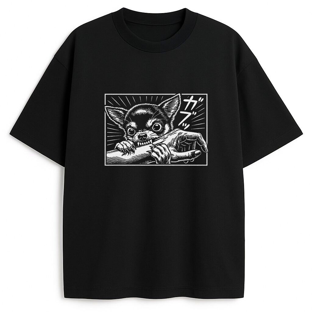 czarny t-shirt chihuahua z kontrastowym nadrukiem psa