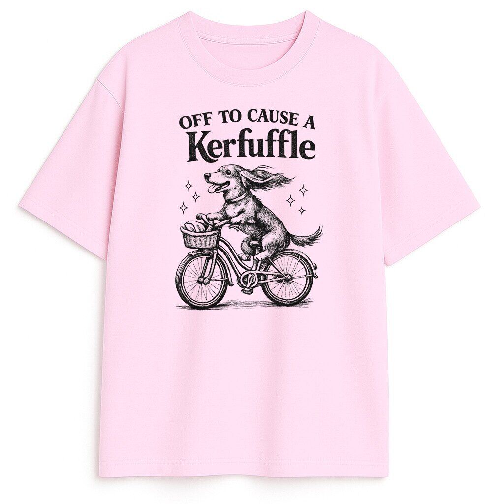 Różowa koszulka retro z jamnikiem i napisem Kerfuffle różowa koszulka z psem na rowerze w stylu oldschool
